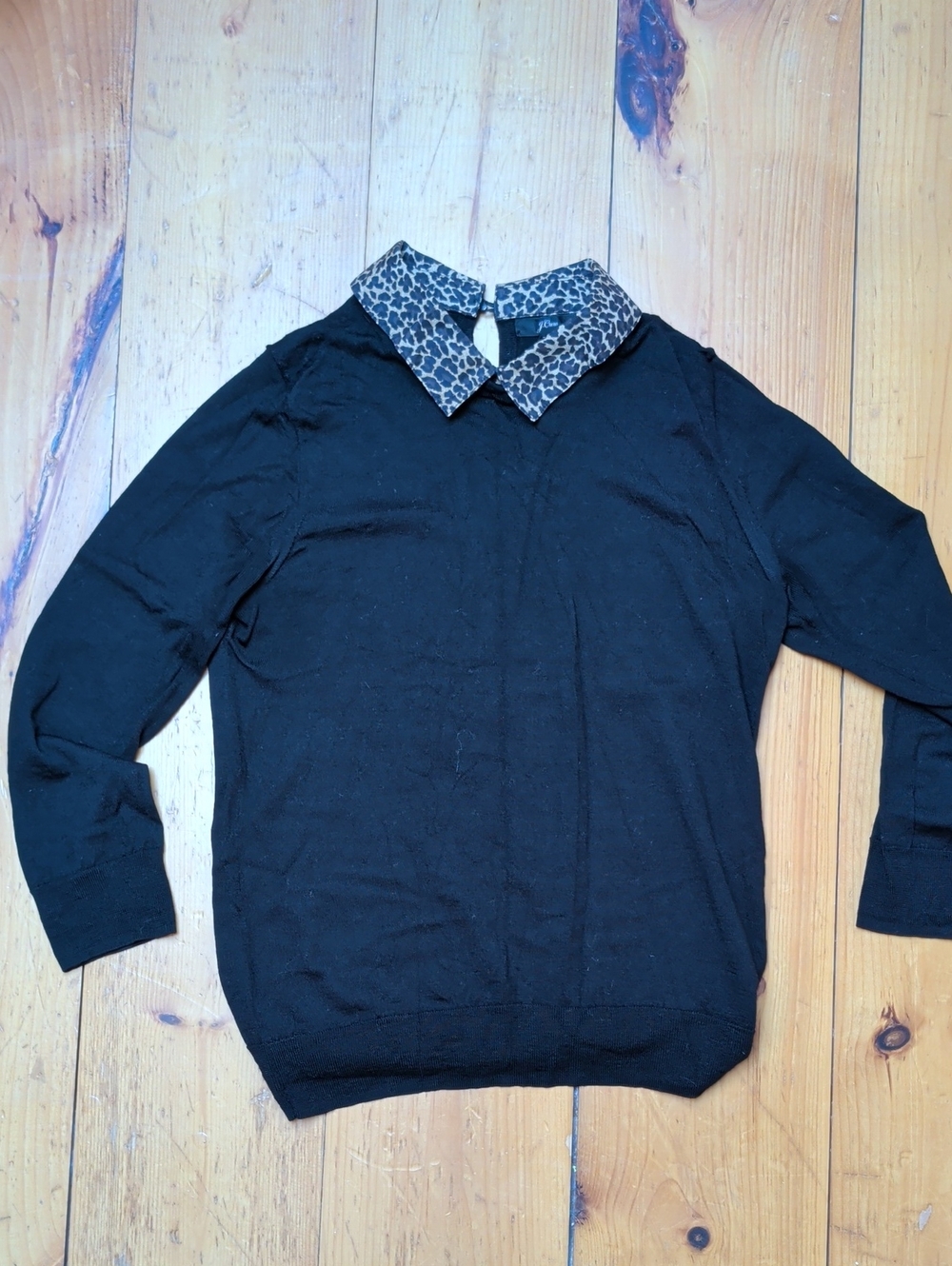 J. Crew Black Crewneck Sweater with Leopard-Print Collar Accent 100% Merino Wool